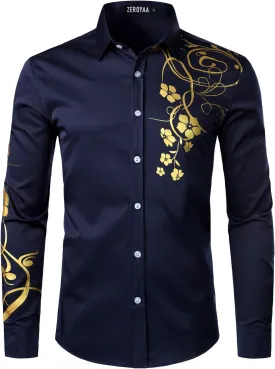 ZEROYAA Men's Hipster Shiny Design Slim Fit Long Sleeve Button Up Party Dress Shirts