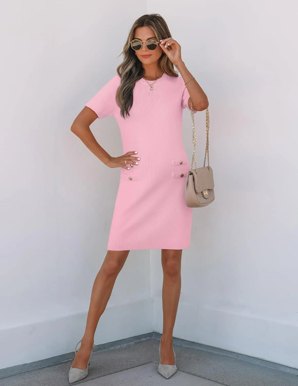 ZESICA Women's Summer Bodycon Mini Dress 2025 Short Sleeve Crewneck Ribbed Knit Slim Fit Casual Sweater Dresses