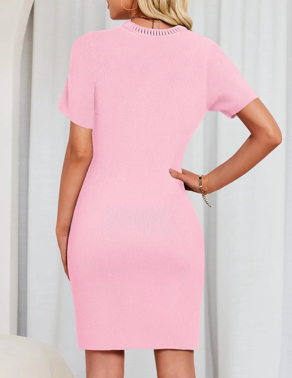 ZESICA Women's Summer Bodycon Mini Dress 2025 Short Sleeve Crewneck Ribbed Knit Slim Fit Casual Sweater Dresses