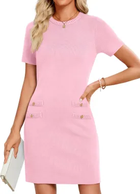 ZESICA Women's Summer Bodycon Mini Dress 2025 Short Sleeve Crewneck Ribbed Knit Slim Fit Casual Sweater Dresses