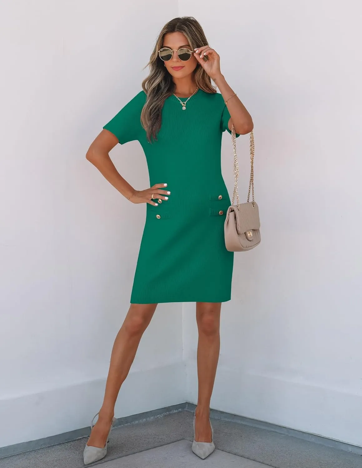 ZESICA Women's Summer Bodycon Mini Dress 2025 Short Sleeve Crewneck Ribbed Knit Slim Fit Casual Sweater Dresses