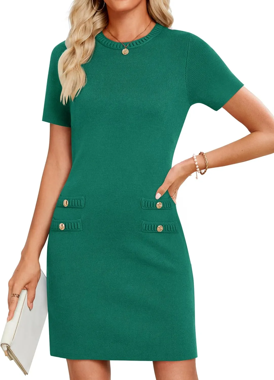 ZESICA Women's Summer Bodycon Mini Dress 2025 Short Sleeve Crewneck Ribbed Knit Slim Fit Casual Sweater Dresses